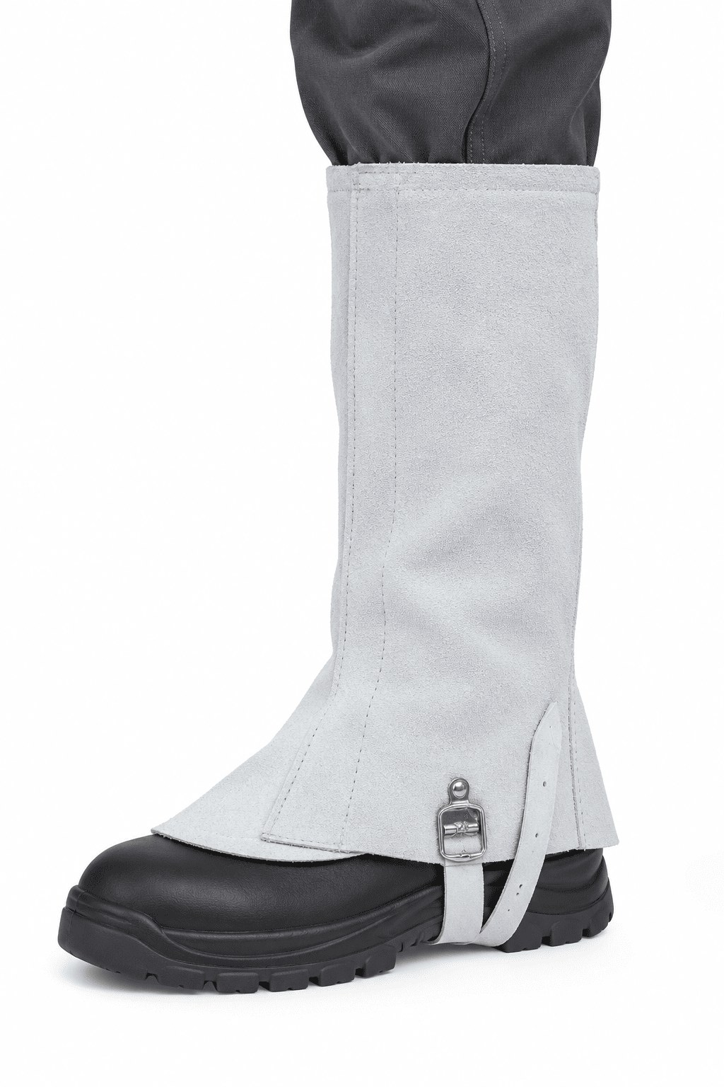 Guêtre de soudage en cuir bovin 30 cm portée sur chaussure de sécurité